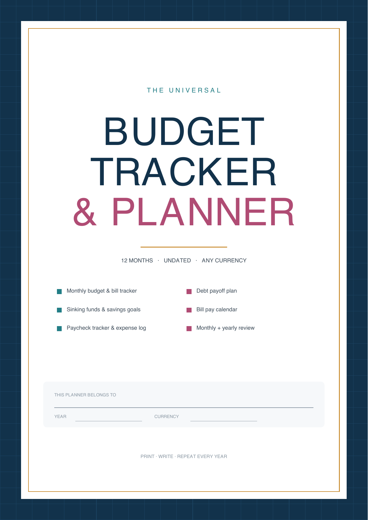 Universal Budget Tracker & Planner — 12-Month Undated Printable (Any Currency)